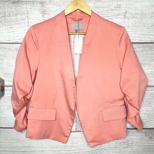 NWT Pink Ruched Sleeve Open Front Cropped Blazer Jacket Size 12 Large
